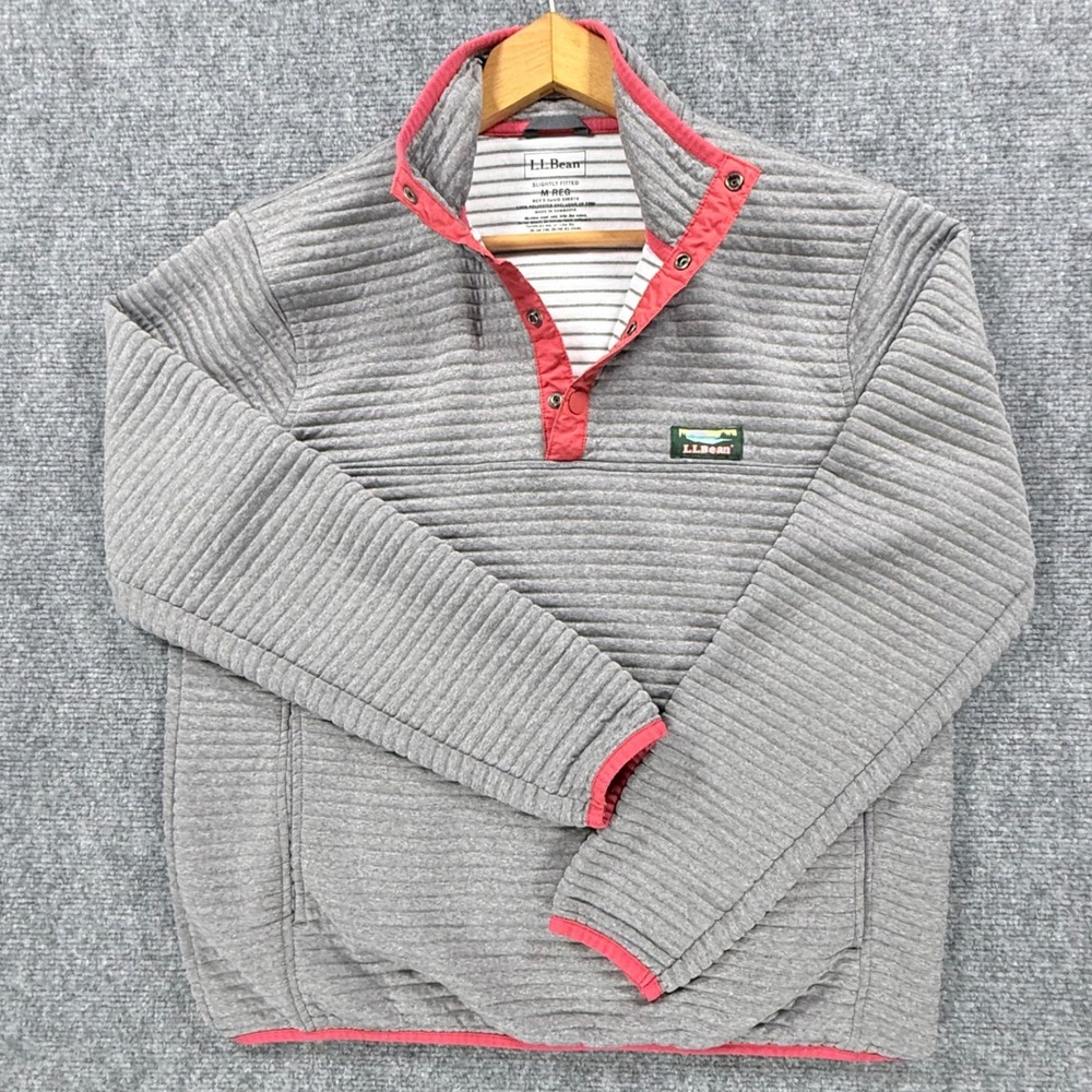 LL Bean Airlight Knit Pullover Men's Medium Gray Red 1/4 Zip Slightly Fitted